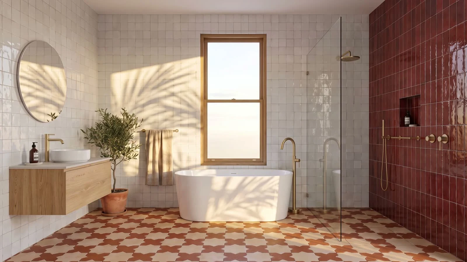 Completed bathroom with a freestanding bath and walk-in shower, shown in three tile and tapware palettes